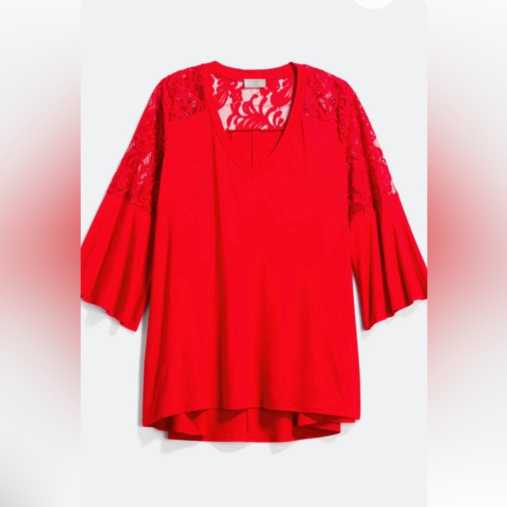 Evolution Red Lace Sleeve & Sholder V Neck Women's Blouse sz 1X